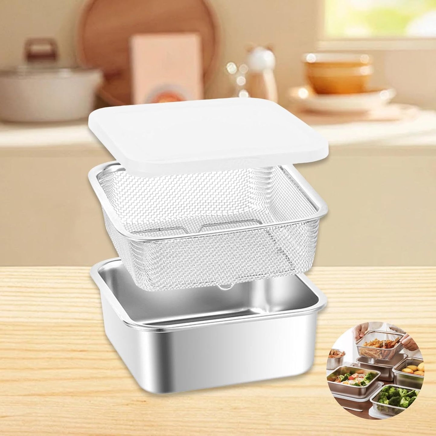 Stainless Steel Food Container with Strainer Colander Set Fridge Organizer Bin Multifunctional Kitchen Drain Basket for Lettuce Fruits, Vegetables, 1500ml