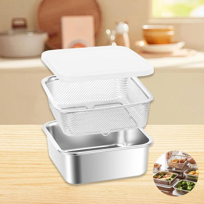 Stainless Steel Food Container with Strainer Colander Set Fridge Organizer Bin Multifunctional Kitchen Drain Basket for Lettuce Fruits, Vegetables, 1500ml