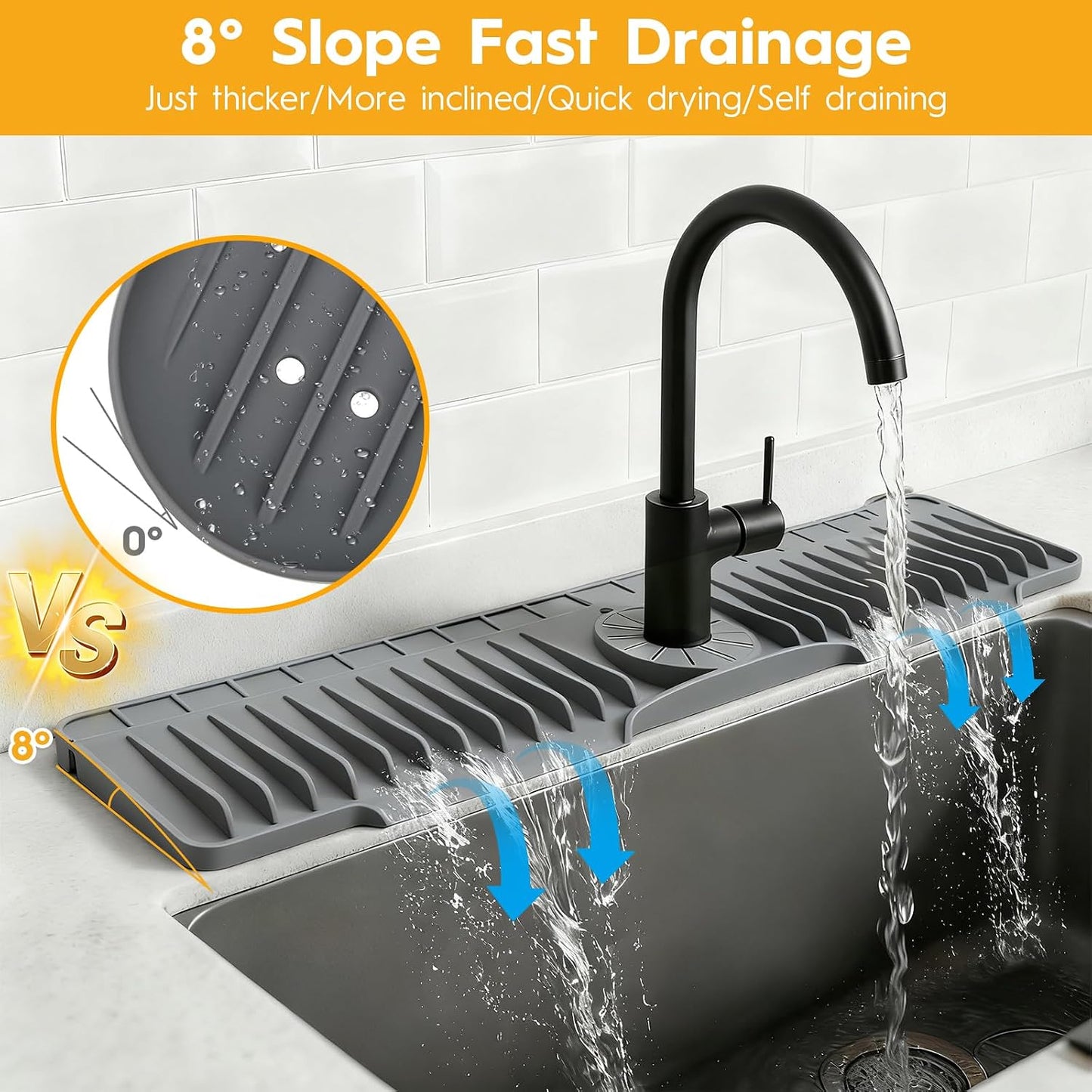 16" Silicone Faucet Mat for Kitchen Sink of The Lastest, Beige | 8° Slope Fast Self-draining, Kitchen Sink Water Splash Guard, Behind Faucet Draining Mat, for Bathroom Kitchen Sink Area