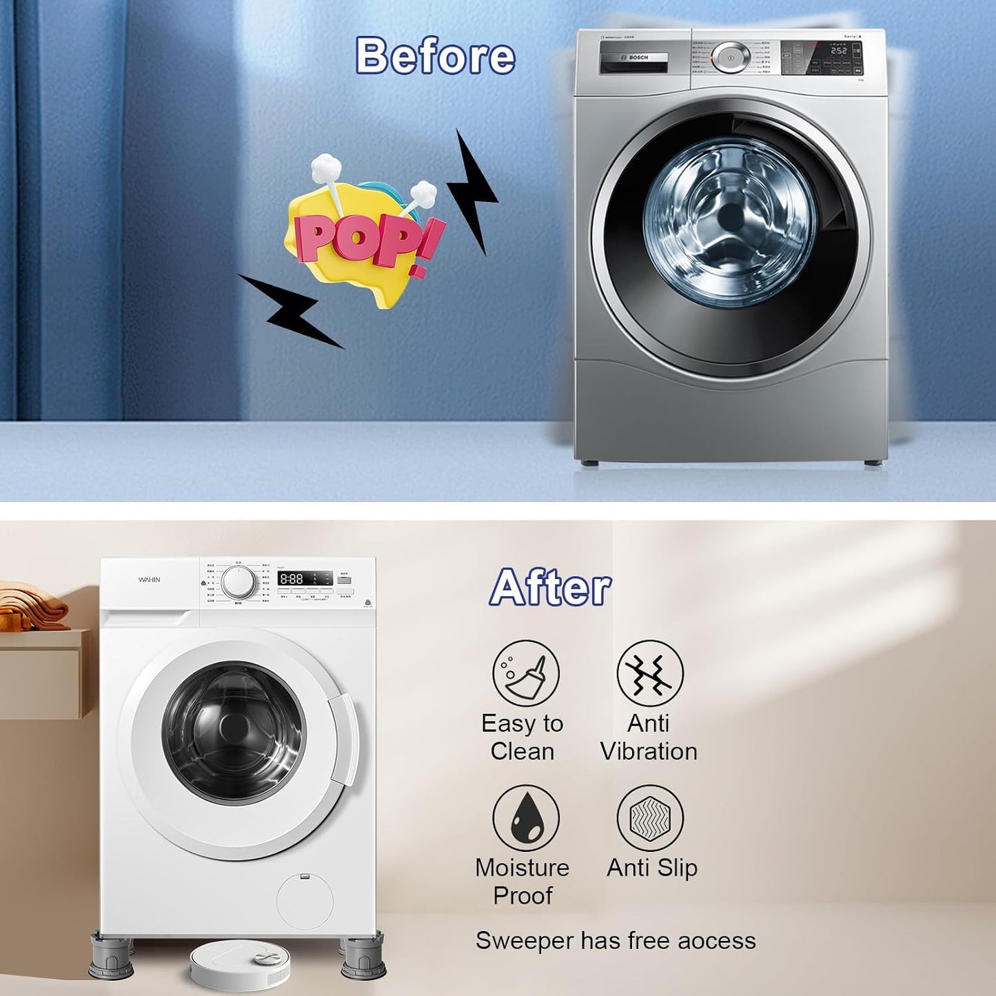 4Pcs Anti Vibration Pads for Washing Machine, Reduce Washer Dryer Moving | Washer and Dryer Pedestals,Prevents Noise Vibration Transfer, Antivibration Stabilizer Support Feet (Increase1.8in)