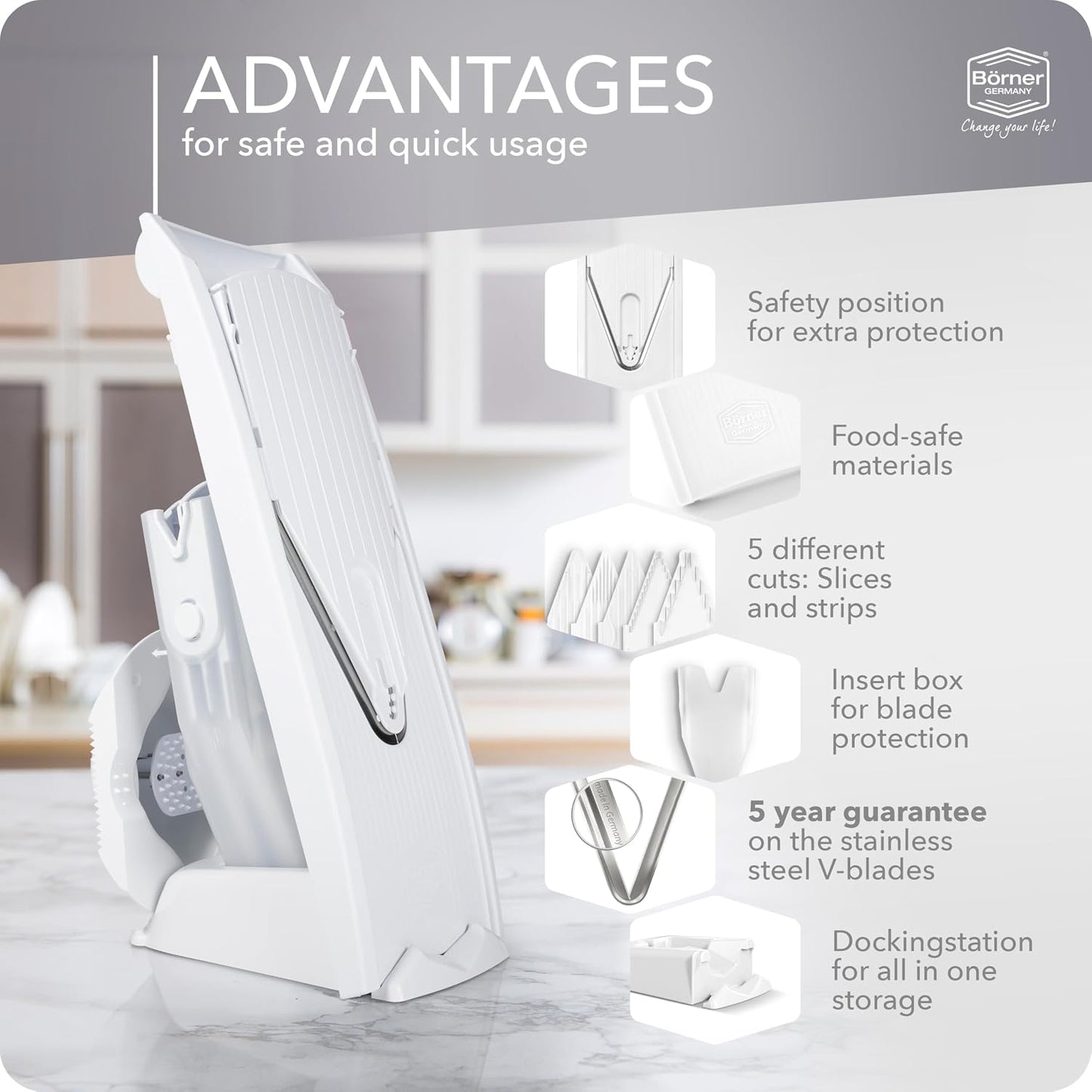 Mandoline Food Slicer Börner V1 (Profi Set) by Reston Lloyd • V-Slicer with 4 Inserts, Docking Station & Food Holder • Made in Germany • Fruit & Vegetable Chopper • Multiple Settings • Color: Red