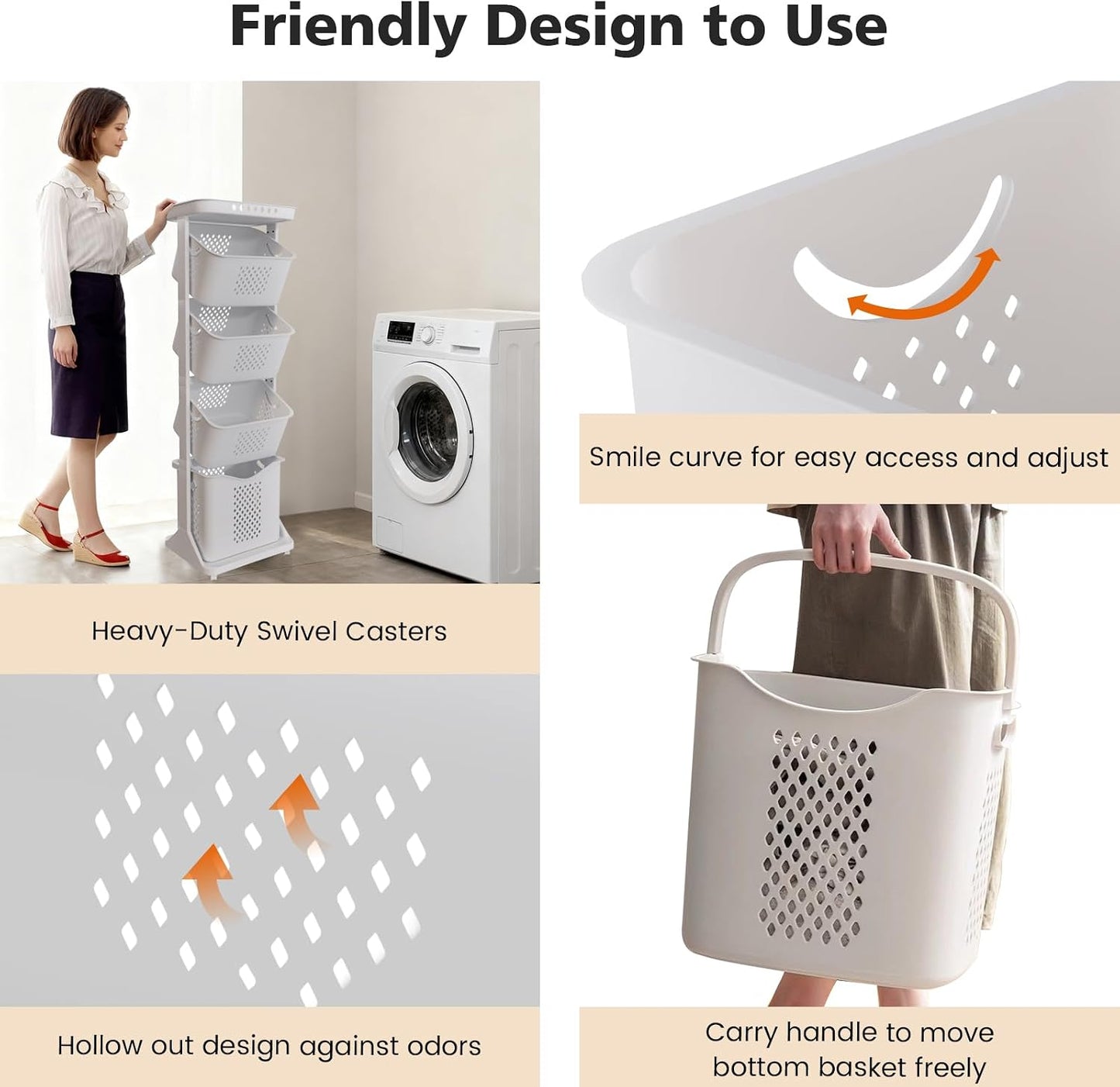 BAOKALER 4-Tier Laundry Hamper Sorter, Vertical Laundry Baskets with Wheel | Rolling Stackable Laundry Cart Removable, Organizer and Storage for Small Space, Dorm, Closet, Bathroom