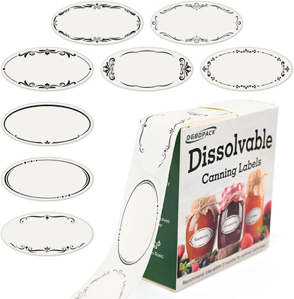 DGBDPACK Water Soluble Canning Labels, 1 x 2 1/8 in for Mason Jars 200 Pack | 200 stickers with 8 decorative designs, fully dissolvable in water, pickles, mason jars.