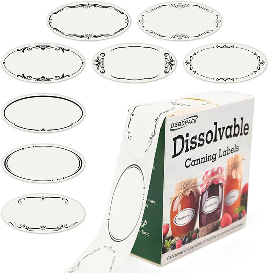 DGBDPACK Water Soluble Canning Labels, 1 x 2 1/8 in for Mason Jars 200 Pack | 200 stickers with 8 decorative designs, fully dissolvable in water, pickles, mason jars.