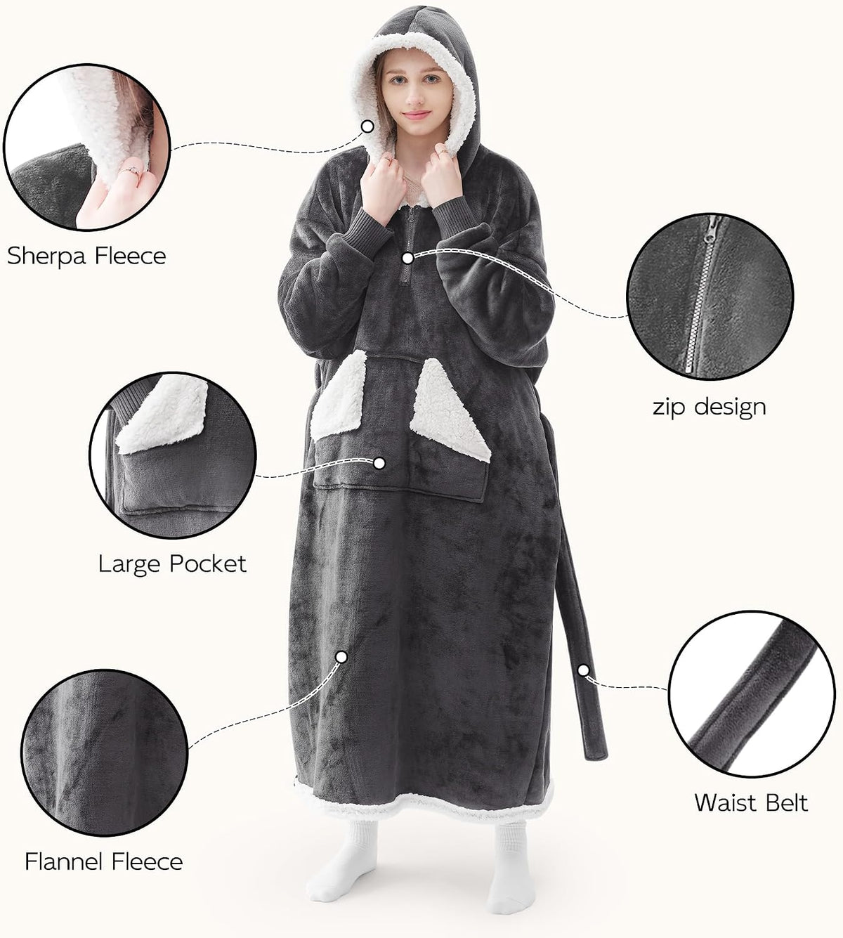 Wearable Blanket Hoodie as Gifts for Women, Long Sherpa Fleece Hooded Blankets with Oversize Hood and Pocket, Warm and Cozy Sweatshirt with Belt, Winter Gift