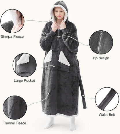 Wearable Blanket Hoodie as Gifts for Women, Long Sherpa Fleece Hooded Blankets with Oversize Hood and Pocket, Warm and Cozy Sweatshirt with Belt, Winter Gift