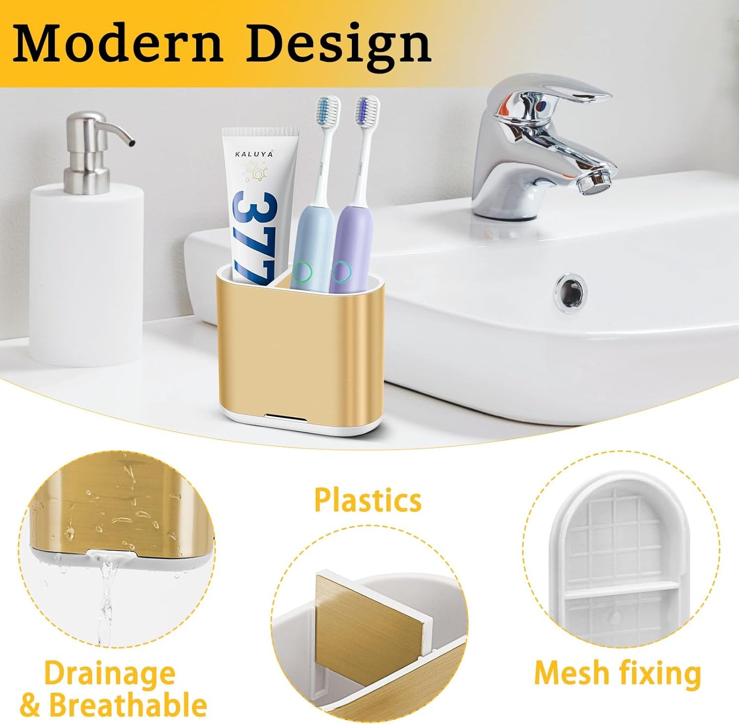Bamboo Toothbrush Holder for Bathrooms Toothpaste Organizer, Small, White | 2 Slots, Easy to Clean, Plastic, Kids Electric Toothbrush, Drainage, Removable, For Bathroom, Vanity, Kitchen Sink, Office