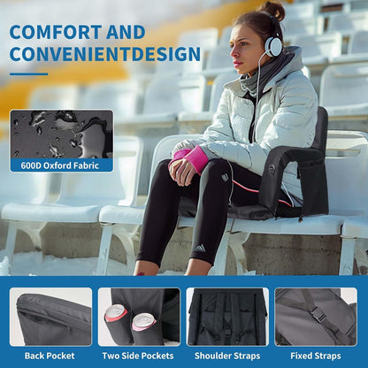 Wide Heated Stadium Seat for Bleachers w/Back Support & Cushion | 5-Position Adjustable Heated Stadium Seat with Armrests, 3 Heat Levels, Anti-Slip, Side Pockets, Backpack Straps (No Battery)