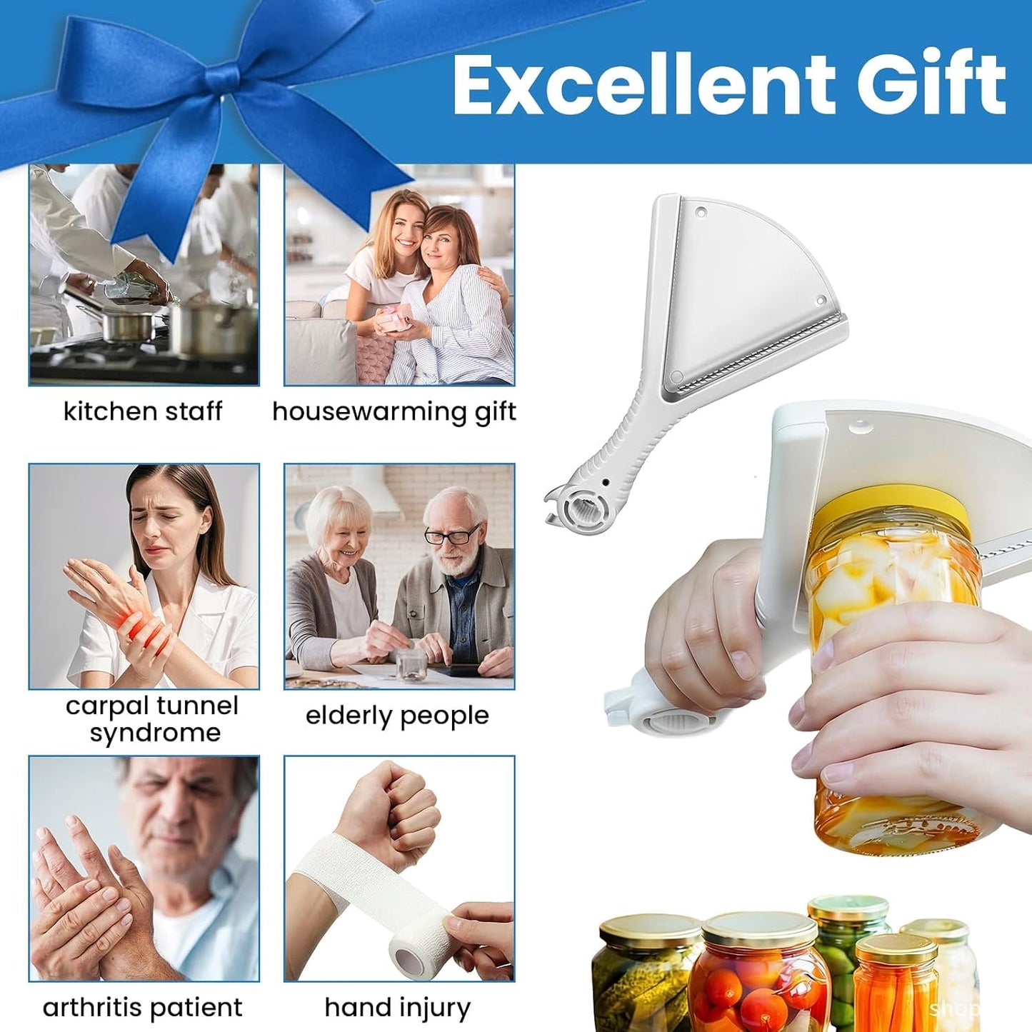 Jar Opener for Weak Hands & Seniors with Arthritis, 2-in-1 Handheld & Under Cabinet Bottle Can Opener, Easy Grip No-Slip Jar Lid Opener for Arthritic Hands