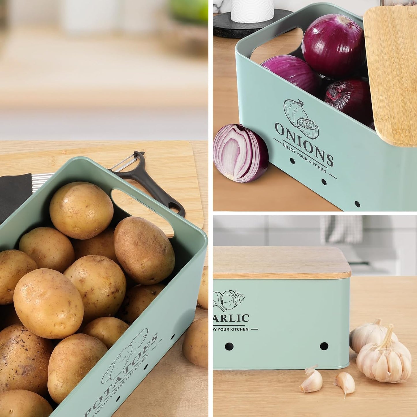 Kitchen Vegetable Storage Set of 3, Metal Onion Garlic Potato Storage Set, Kitchen Canisters Vegetable Keeper Containers with Aerating Holes and Bamboo Lid,Black
