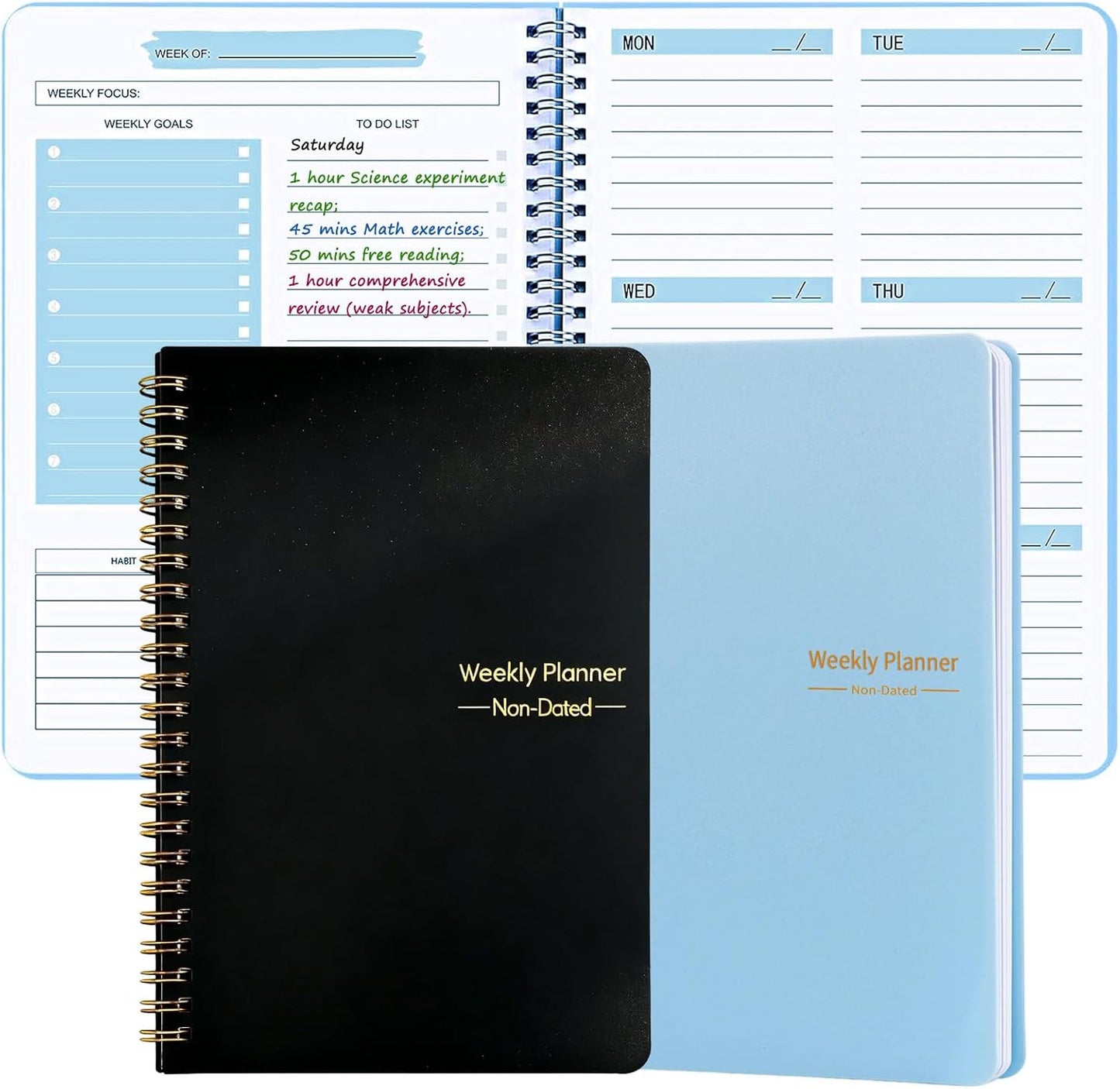 Undated Weekly Planner, A5 Personal Goals Journal Non Dated Weekly Planner to Do List Notebook with Goal Habit Tracker Organizer, Cute Undated Week Planners with Spiral Binding for Kids School Work