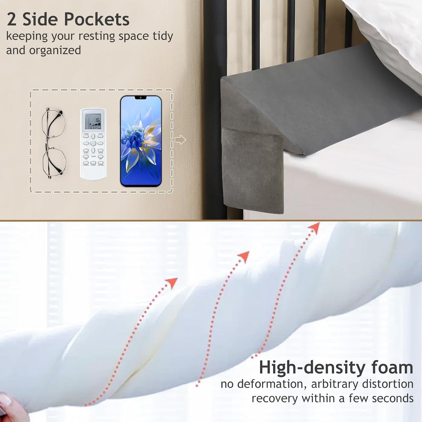 Vekkia King Bed Wedge Pillow for Headboard Gap Filler (0–5.5") | Prevents Pillows & Items from Falling, High-Density Foam Mattress Gap Filler with Pockets, Removable Cover, Gray, 60"x10"x6"