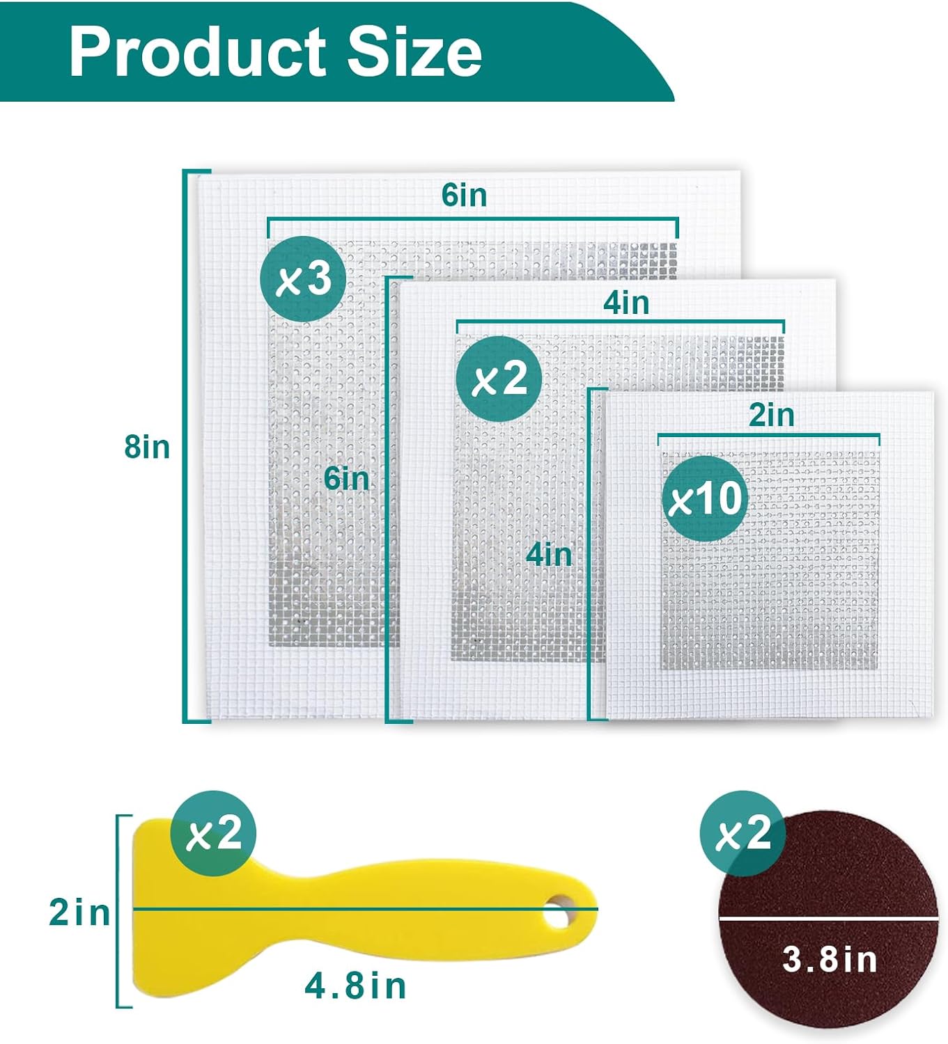 WYIRONG 10 Pack Drywall Repair Kit for Large Holes, 4/6/8 Inch Dry Wall Patch Kits for Erase a Small Nail Hole, Plaster Wall Patching Self Adhesive Aluminum Mesh with Scraper and Sandpaper