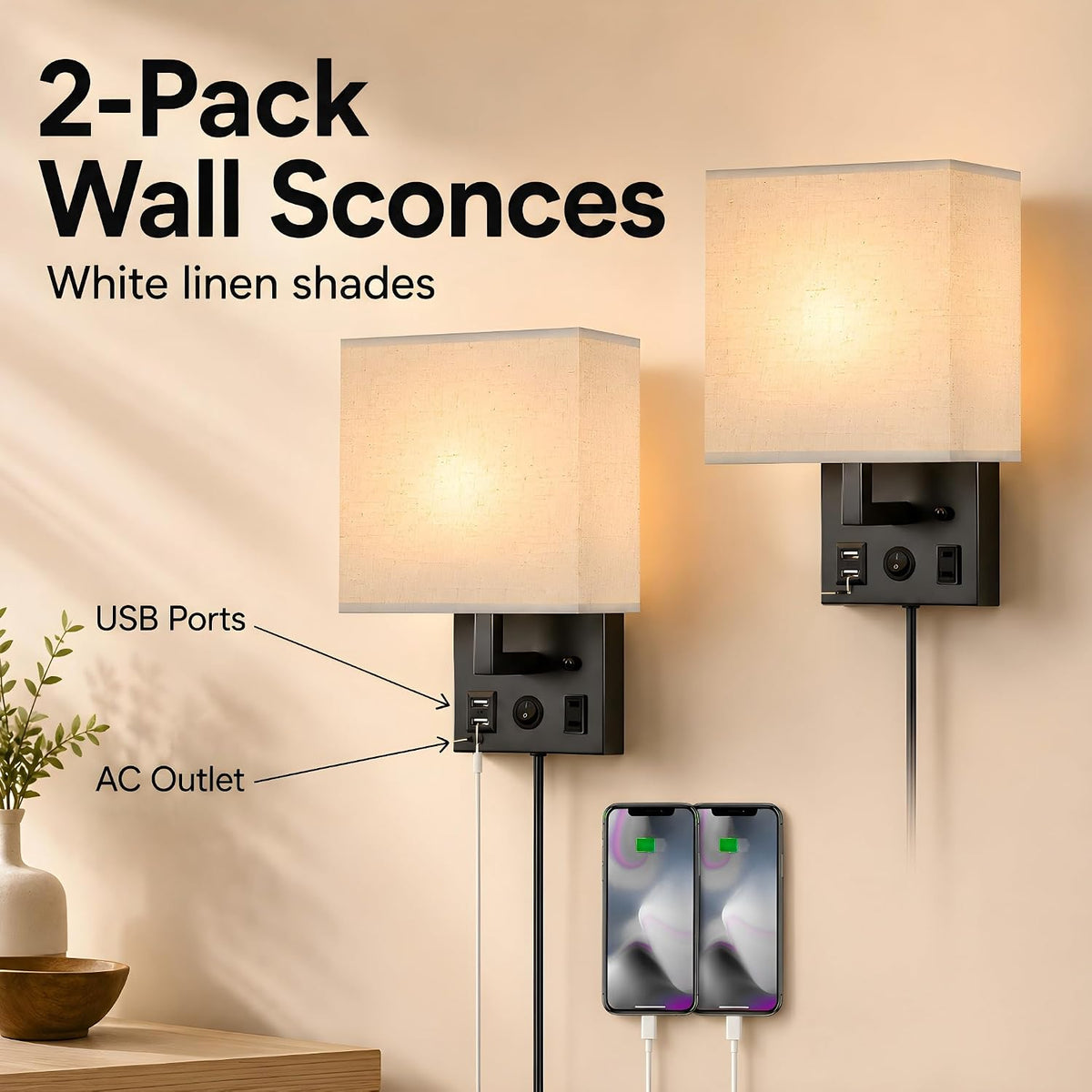Vrisa Wall Sconces Wall Lamps for Bedrooms Set of 2 Plug in Bedside Lights Wall Mounted with USB Ports Outlet Wall Light Fixtures for Bedroom Living Room Black (2 Bulbs Included)
