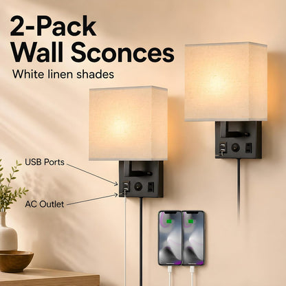 Vrisa Wall Sconces Wall Lamps for Bedrooms Set of 2 Plug in Bedside Lights Wall Mounted with USB Ports Outlet Wall Light Fixtures for Bedroom Living Room Black (2 Bulbs Included)