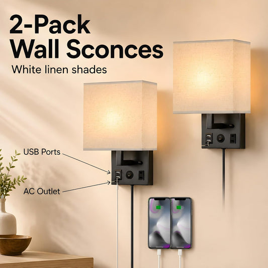 Vrisa Wall Sconces Wall Lamps for Bedrooms Set of 2 Plug in Bedside Lights Wall Mounted with USB Ports Outlet Wall Light Fixtures for Bedroom Living Room Black (2 Bulbs Included)