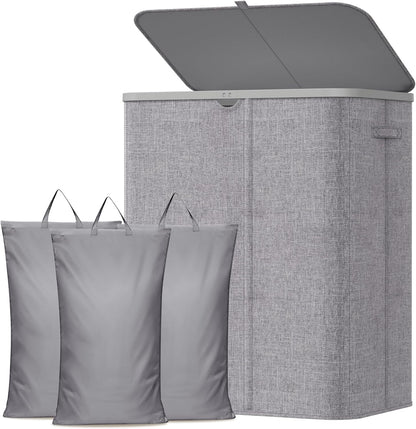 Lifewit 185L 3 Section Laundry Hamper with Lid, Laundry Basket, Beige | Large Foldable Laundry Sorter with 3 Removable Bags, Tall Clothes Hamper for Bedroom and Bathroom