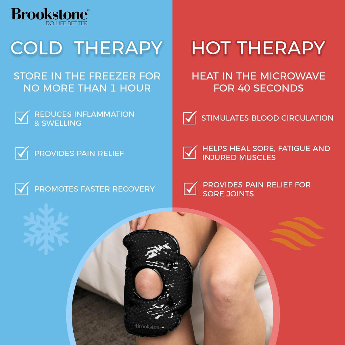 Brookstone Knee Ice Pack Wrap with Silica Beads - Hot & Cold Therapy for Pain Relief - Reusable Ice Packs for Knees for Swelling, Injuries & Post-Surgery Recovery, Ideal Mothers Day Gift, Azure Blue