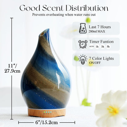 Porseme Essential Oil Diffuser 280ml Handmade Glass Diffuser 7H Runtime | Elegant Handmade Glass Aroma Diffuser with 7-color LEDs, Quiet Aromatherapy and Safe Auto Shut-off, Perfect for Gifts