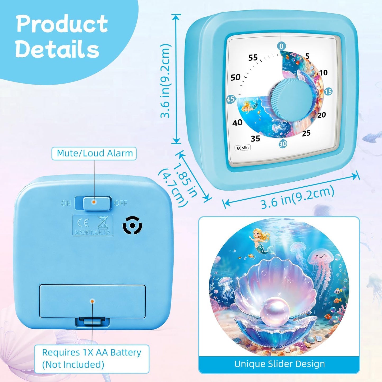 Kids Visual Timer 60 Minute – Countdown Clock for Homework, Kitchen Timer for Cooking, Silent Mini Timer with Cute Mermaid Shell Pattern, Gift Timers for Kids Focus & Daily Routines, Purple