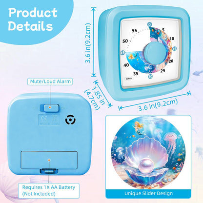 Kids Visual Timer 60 Minute – Countdown Clock for Homework, Kitchen Timer for Cooking, Silent Mini Timer with Cute Mermaid Shell Pattern, Gift Timers for Kids Focus & Daily Routines, Purple