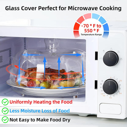 EliteVibe All Glass Microwave Cover, 10" Microwave Splatter Cover for Food | 5" Height With Handle, All-Glass, 3.5" Inner Height, Fits Plates & Bowls, Vented Lid, Oven, Dishwasher & Refrigerator Safe