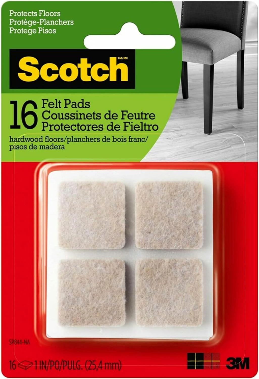 Scotch Felt Pads 16 PCS Beige, Felt Furniture Pads for Protecting Hardwood Floors, 1 x 1 in. Square, Easy-to-Apply, Self-Stick Design, Reliable Protection from Nicks, dents and Scratches (SP802-NA) | Protecting Hardwood Floors, Easy-to-apply, Self-Stick