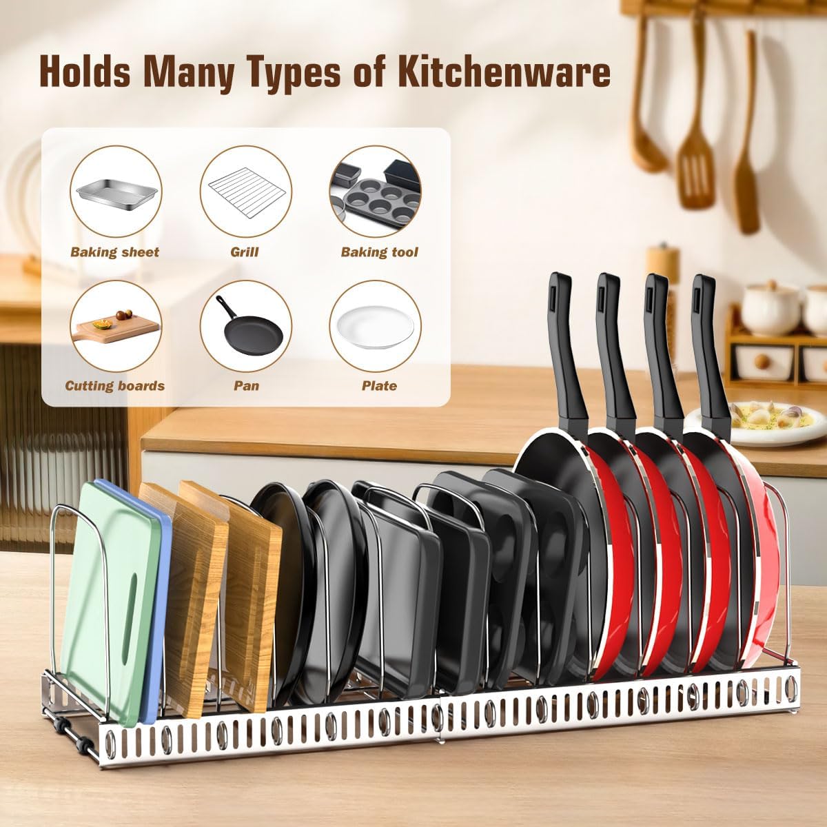 Housolution Cutting Board and Baking Tray Cookie Sheet Organizer, Black | 12"-23" Expandable, 14 Adjustable Dividers, Sturdy Metal Construction, Easy Assembly