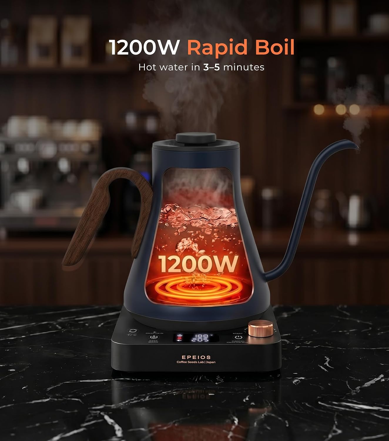 Epeios Electric Kettle, Gooseneck Electric Kettle with ±1°F Temperature Control, 1200W Rapid Heating for Pour Over Coffee & Tea, 304 Stainless Steel Interior, Auto Shut-Off, 0.9L, Black | Rapid Heating, Precision Pour-Over for Coffee & Tea,Smart Hot