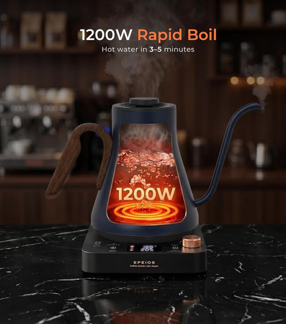 Epeios Electric Kettle, Gooseneck Electric Kettle with ±1°F Temperature Control, 1200W Rapid Heating for Pour Over Coffee & Tea, 304 Stainless Steel Interior, Auto Shut-Off, 0.9L, Black | Rapid Heating, Precision Pour-Over for Coffee & Tea,Smart Hot
