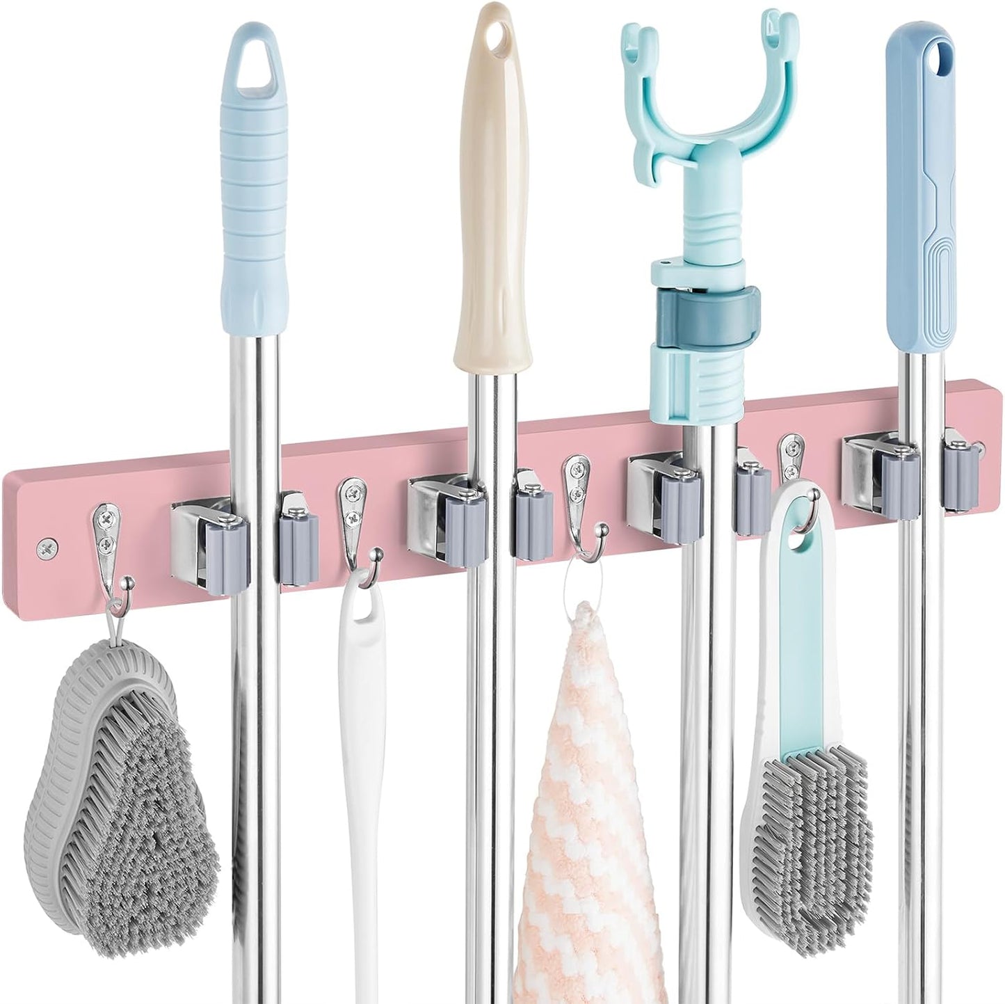 OUTNILI Mop and Broom Holder Wall Mount - Wood Broom Mop Hanger - Wall Mounted Garden Tool Rack Organizer for Closet Garage Laundry Room, Rustic Kitchen Decor With 4 Slots & 4 Hooks
