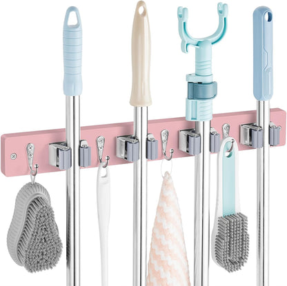 OUTNILI Mop and Broom Holder Wall Mount - Wood Broom Mop Hanger - Wall Mounted Garden Tool Rack Organizer for Closet Garage Laundry Room, Rustic Kitchen Decor With 4 Slots & 4 Hooks