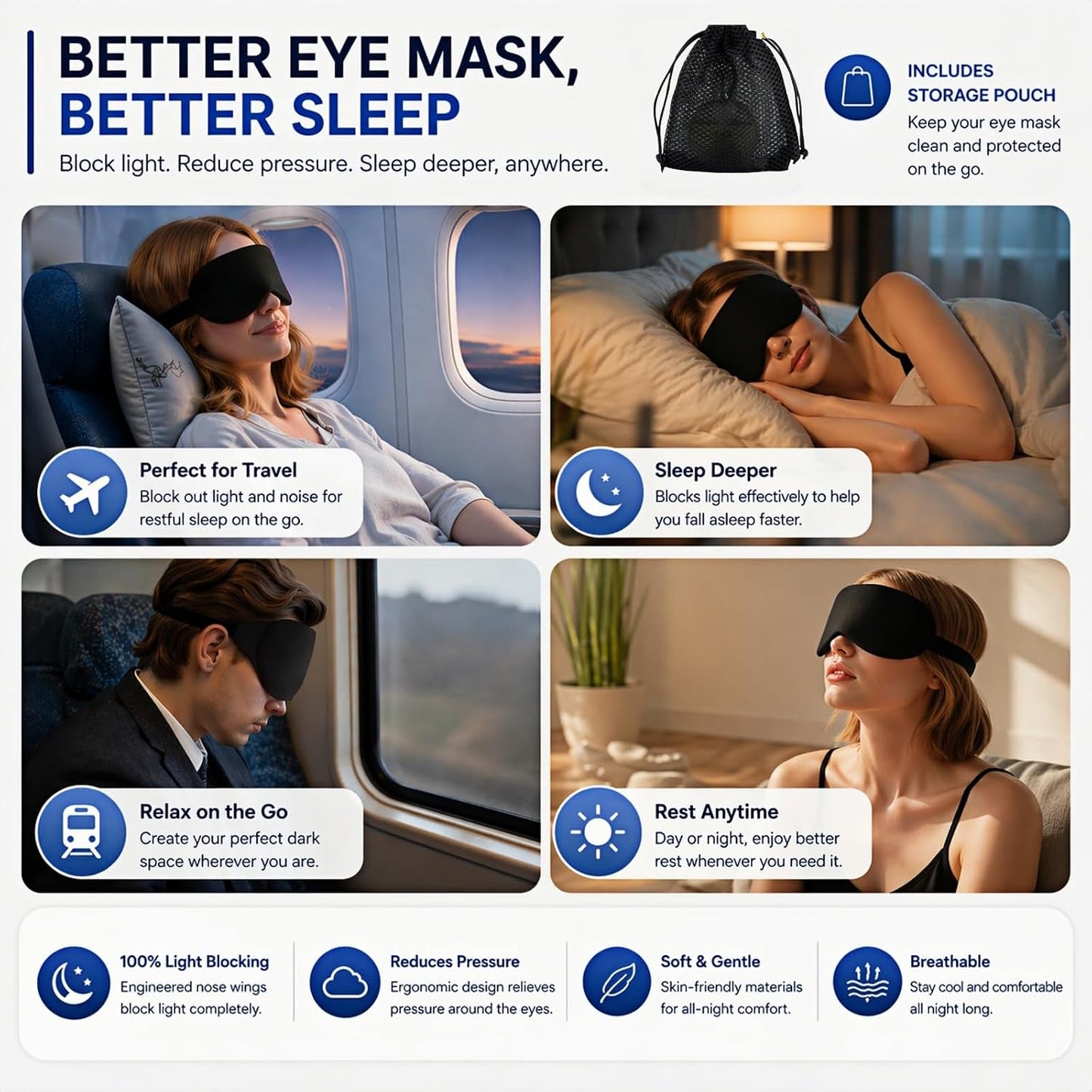 Cool Touch Cotton Eye Sleep Mask for Men & Women, Soft Breathable Flexible Fit for Side Sleepers, Adjustable Light Blocking Mask for Sleeping, Airplane Travel & Naps (Black)