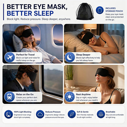 Cool Touch Cotton Eye Sleep Mask for Men & Women, Soft Breathable Flexible Fit for Side Sleepers, Adjustable Light Blocking Mask for Sleeping, Airplane Travel & Naps (Black)