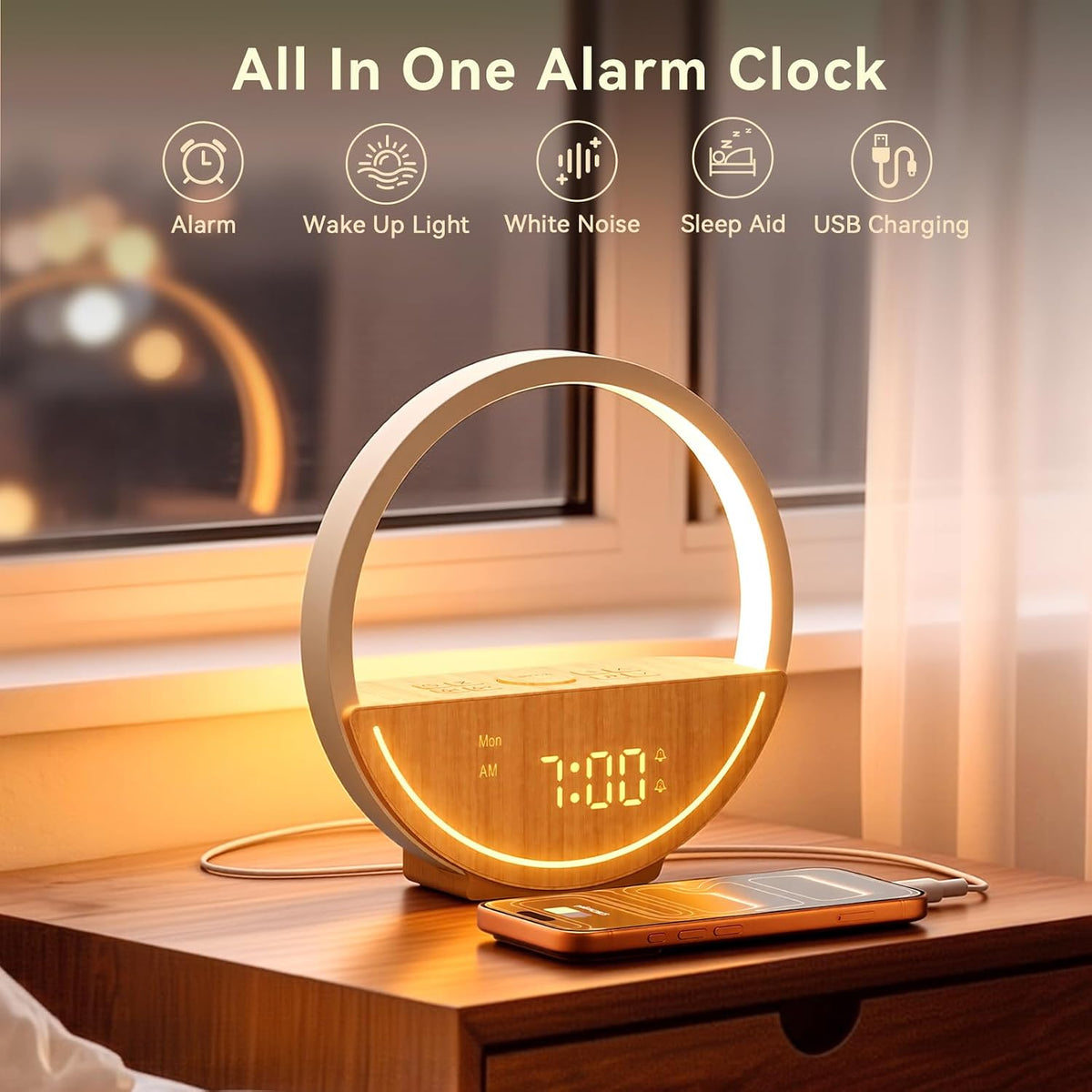 Vivilumens Alarm Clock with Sound Machine & Sunrise Lamp for Heavy Sleepers