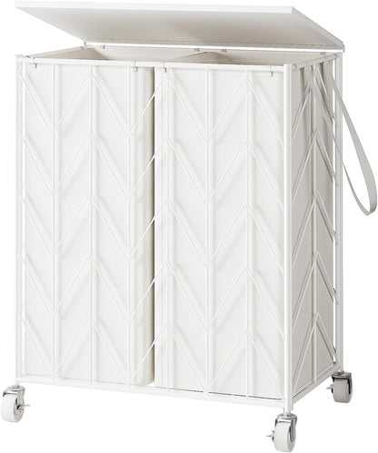 WOWLIVE Laundry Hamper 3 Section with Lid, 142L Laundry Basket with Wheels | Rolling Dirty Clothes Hamper with Removable Bags, Large Iron-Made Laundry Basket Organizer Laundry Sorter for Dorm, Beige
