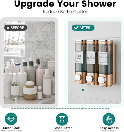 Wall Mounted Shower Soap Dispenser 3 Chamber,No Drill Shower Dispenser | Shampoo and Conditioner Dispenser for Bathroom Hotel Large Capacity, each 300ml with two waterproof labels,Gold