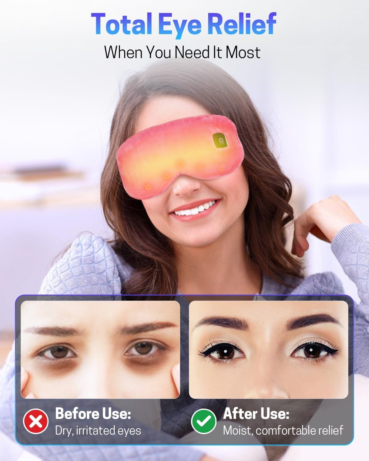 Heated Eye Mask for Dry Eyes, Stye Relief and Improved Sleep - Cordless Rechargeable Warm Compress with Graphene Heating, 3 Temp Settings, Auto Shut-Off, Washable Sleep Mask for Travel