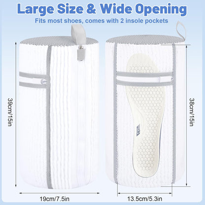 2 PCS Shoe Washing Machine Bags Laundry Shoe Bag for Washer and Dryer | Large L-Shaped Opening, Insole Mesh Pockets, Hidden Self-locking Zipper, 360° Deep Cleaning, For Sneakers and All Shoes Types