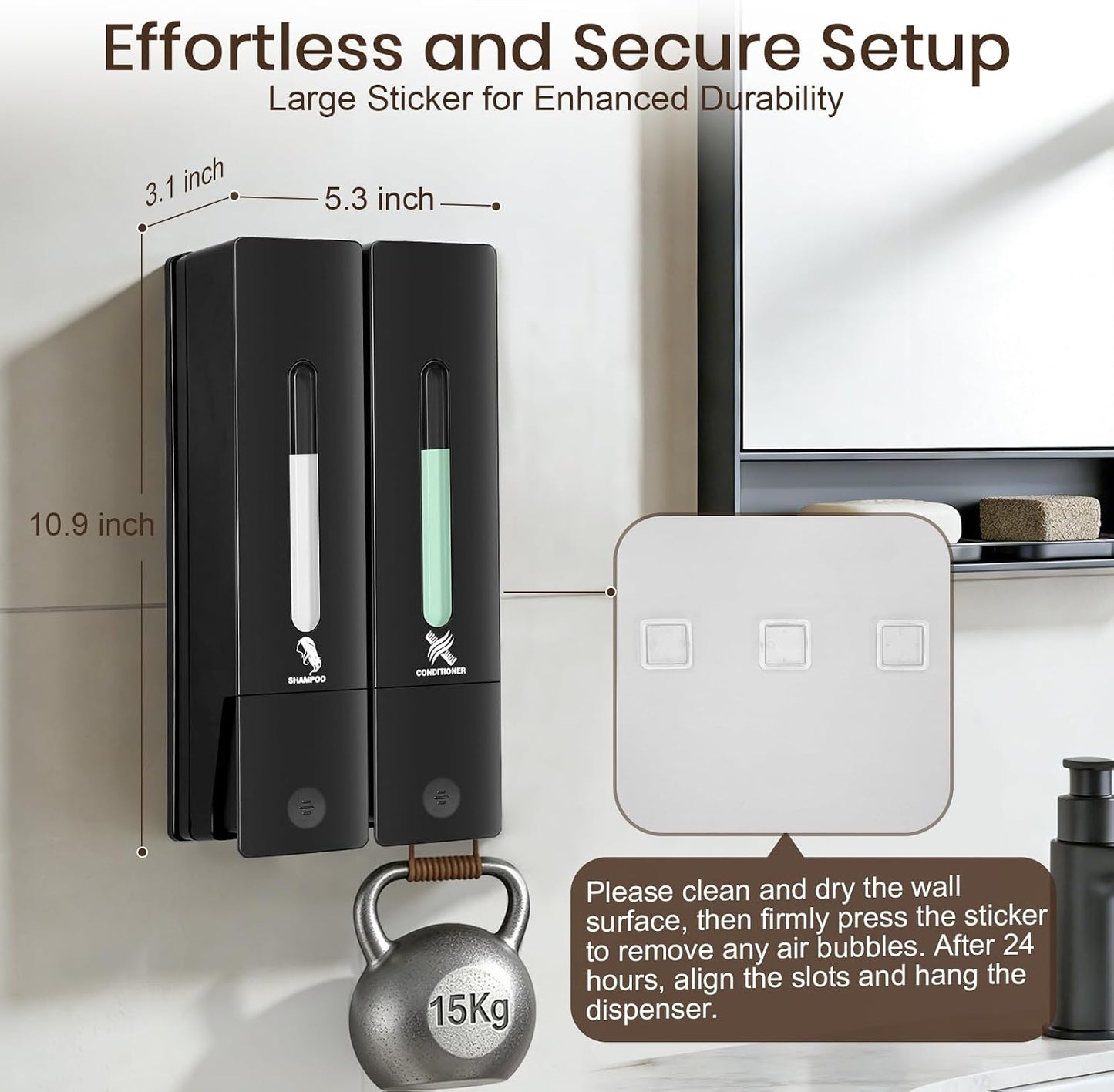 3 Chamber Shampoo and Conditioner Dispenser Set, No Drill Shower Soap | Refillable wall-mounted bottles, BPA-free. 3x400ml. Dispenses shampoo, conditioner,body wash, soap, lotion, gel. Black.