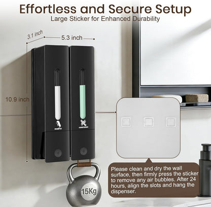 3 Chamber Shampoo and Conditioner Dispenser Set, No Drill Shower Soap | Refillable wall-mounted bottles, BPA-free. 3x400ml. Dispenses shampoo, conditioner,body wash, soap, lotion, gel. Black.