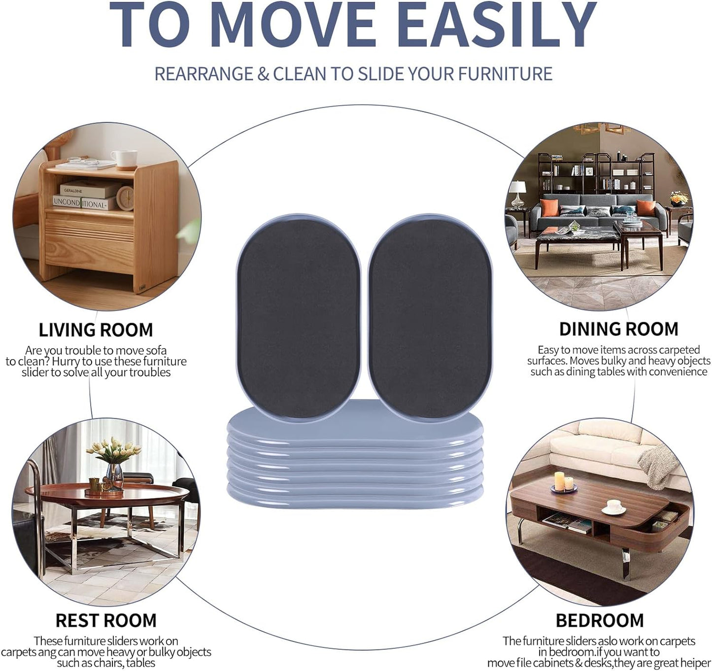 Reusable Large Furniture Movers Sliders for Carpet and Hardwood Floors-8 Pack 9-1/2" Oval Moving Pads Protector for Heavy Duty Sofa Bed Table Desk,Quickly and Easily Move Any Item, Beige