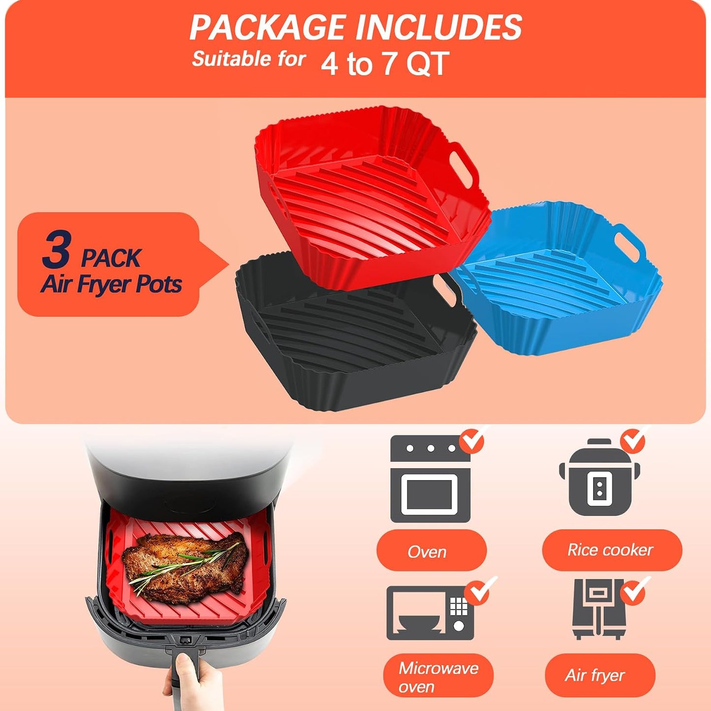 2Pcs Silicone Air Fryer Liners Reusable Square Thickened Airfryer Basket for 4 to 7 QT Baking Tray Accessories Kitchen Gadgets Replacement of Flammable Disposable Parchment Paper