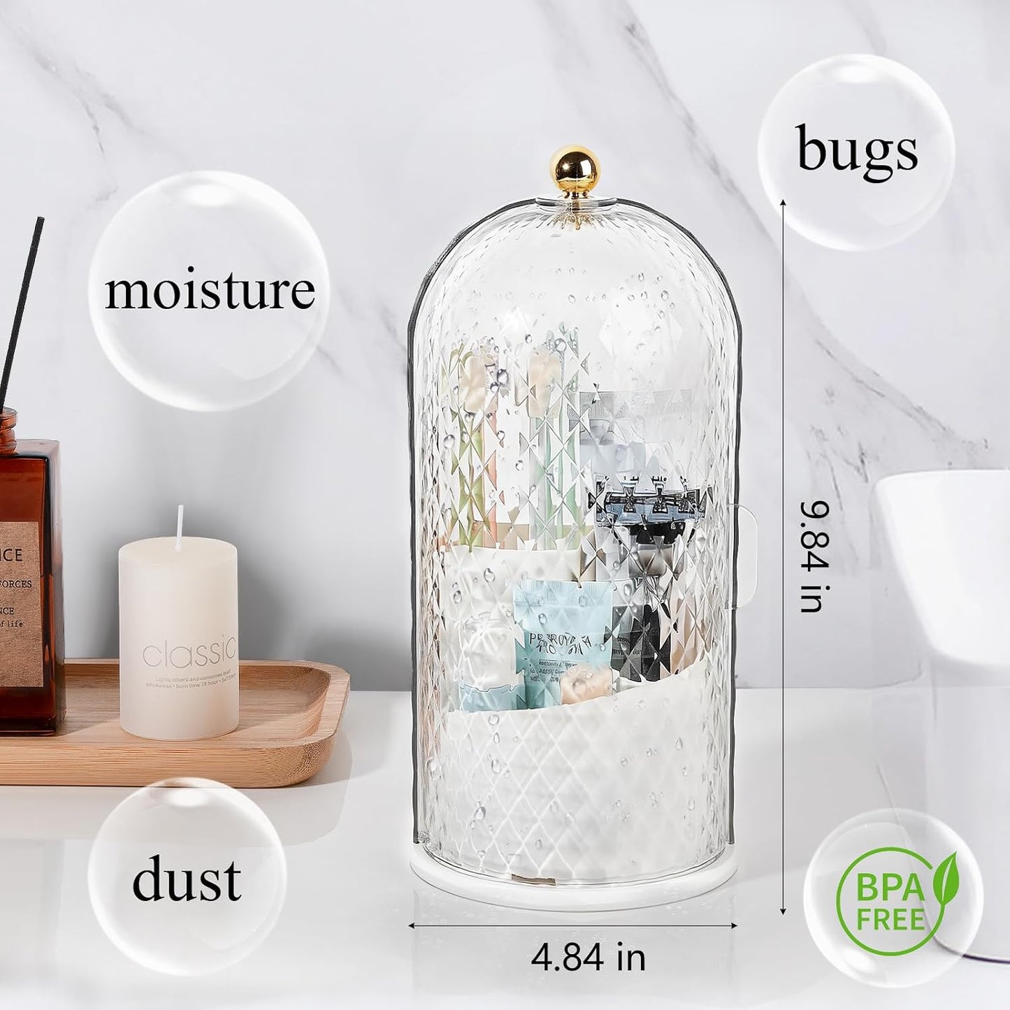 Toothbrush Holder with Cover for Bathroom Countertop, Organizer, White | Rotating 3 Slot Holder for Electric Toothbrushes, Toothpaste, Self Draining Vanity Organizer, Makeup Brush Storage