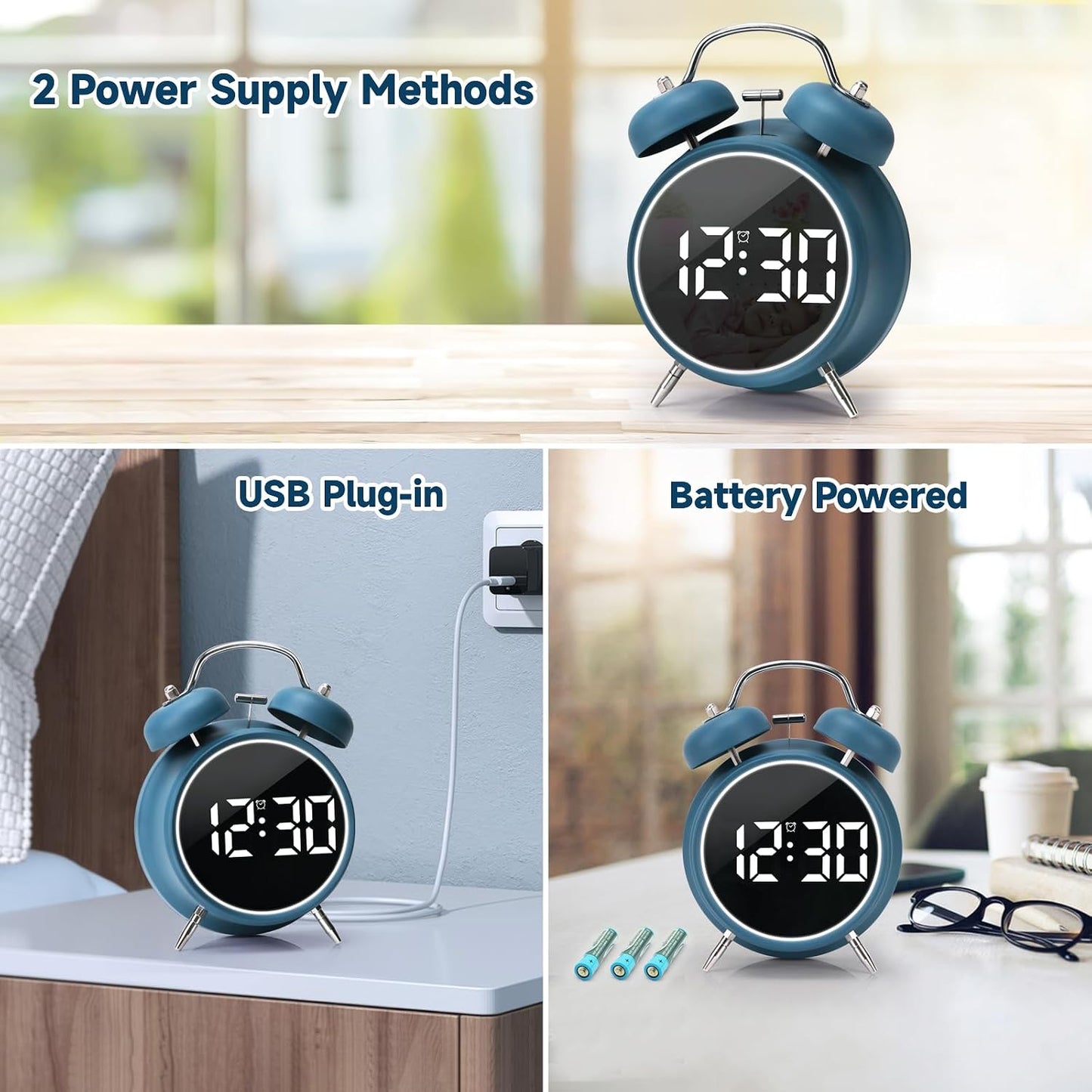 Digital Small Alarm Clock, 4.5 Inch Double Bell Electronic LED Alarm Clock, Plug in or Battery Operated Silent Metal Table Clock, Modern Loud Bedside Clock for Heavy Sleepers Adults Kids (Black)