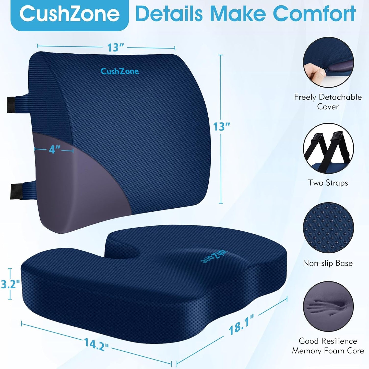 CushZone Ergonomic Seat Cushion & Lumbar Support Pillow - Memory Foam for Sciatica Pain Relief & Posture Correction, Non-Slip Chair Cushions for Office Chair/Car/Wheelchair/Travel (Black)