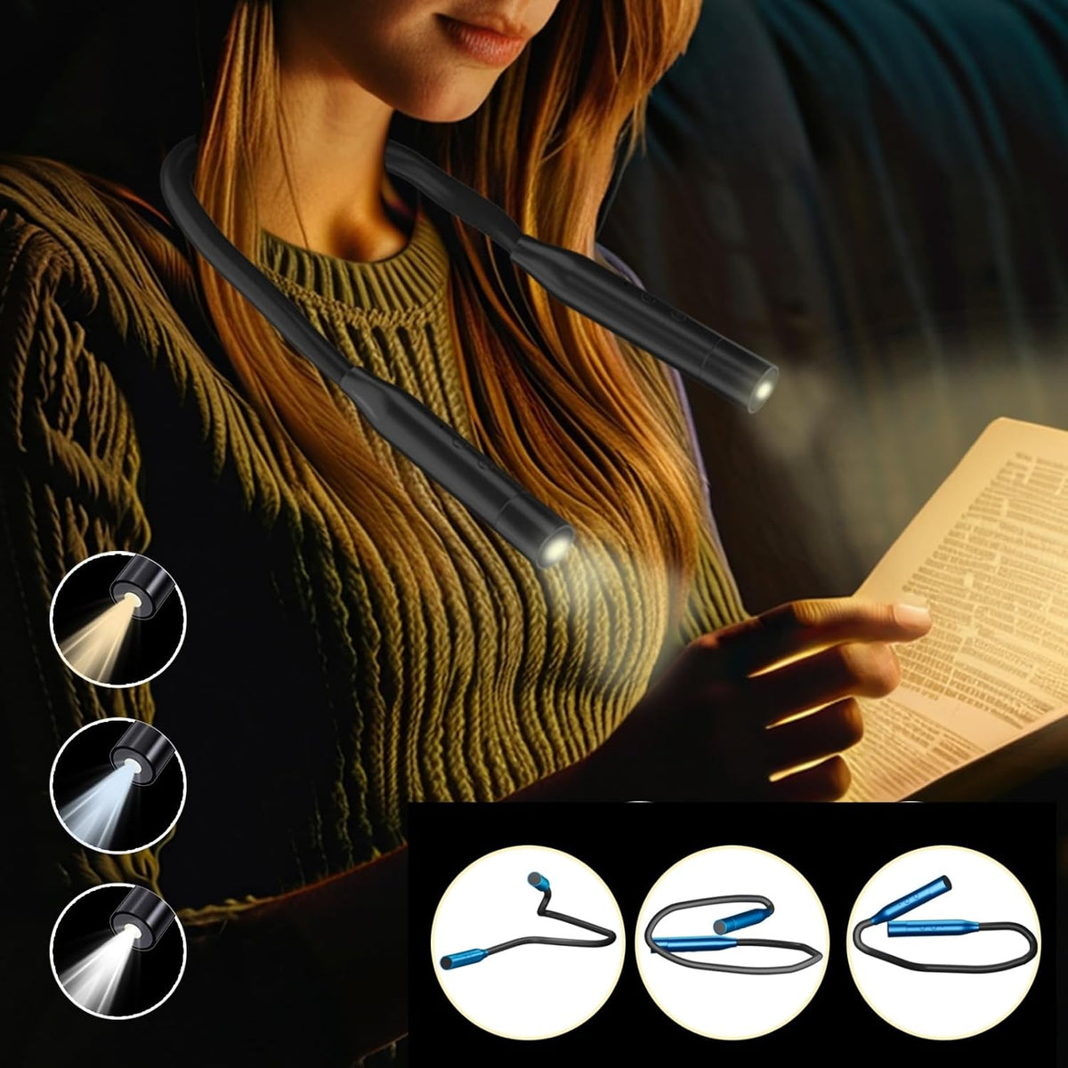 2 Pack Neck Book Lights, 3 Colors & 3 Brightness Levels, Flexible 380° Neck Light Rechargeable, LED Reading Lights for Books in Bed, 80 Hrs Lasting, Perfect for Reading, Knitting, Crafts, Repairs