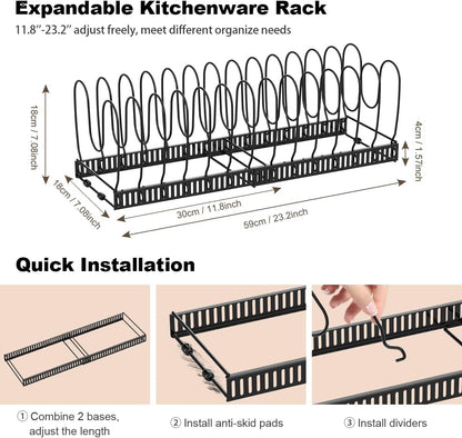 Housolution Pot and Pan Lid Organizer Holder Storage Rack, Black | 12"-23" Expandable, 14 Adjustable Dividers, Sturdy Metal Construction, Easy Assembly