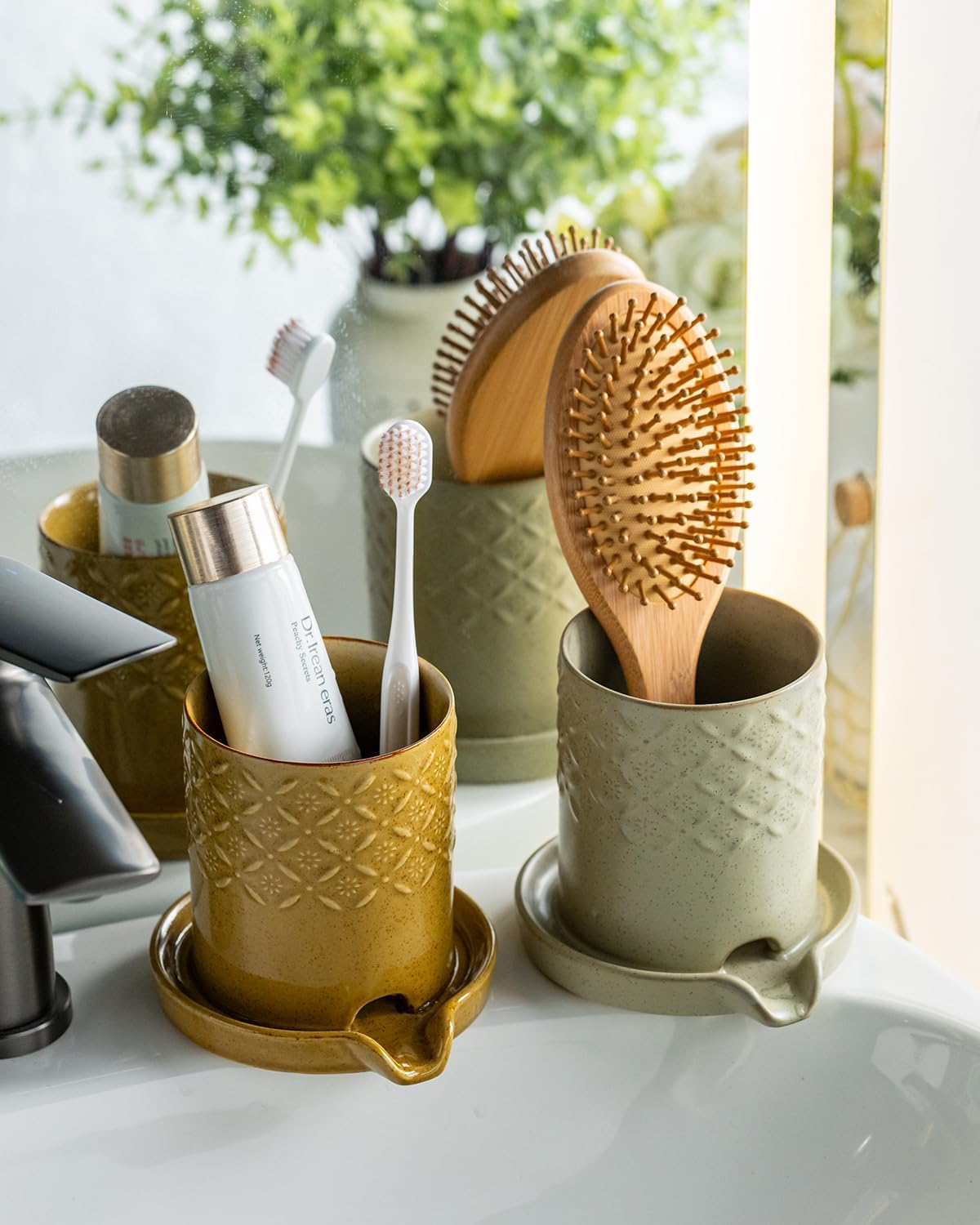 Zoeeker Toothbrush Holder with Drainage, Ceramic Toothbrush Holders Set | Electric Toothbrush & Toothpaste Holder for Bathrooms Self-draining Tooth Brush Cup Countertop Organizers for Family, Yellow