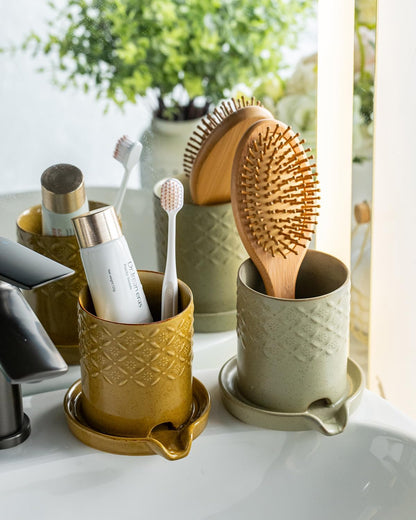 Zoeeker Toothbrush Holder with Drainage, Ceramic Toothbrush Holders Set | Electric Toothbrush & Toothpaste Holder for Bathrooms Self-draining Tooth Brush Cup Countertop Organizers for Family, Yellow